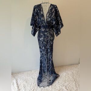 Unlined sequined lace embroidered gown cut out back zip SZ S blue mermaid v neck